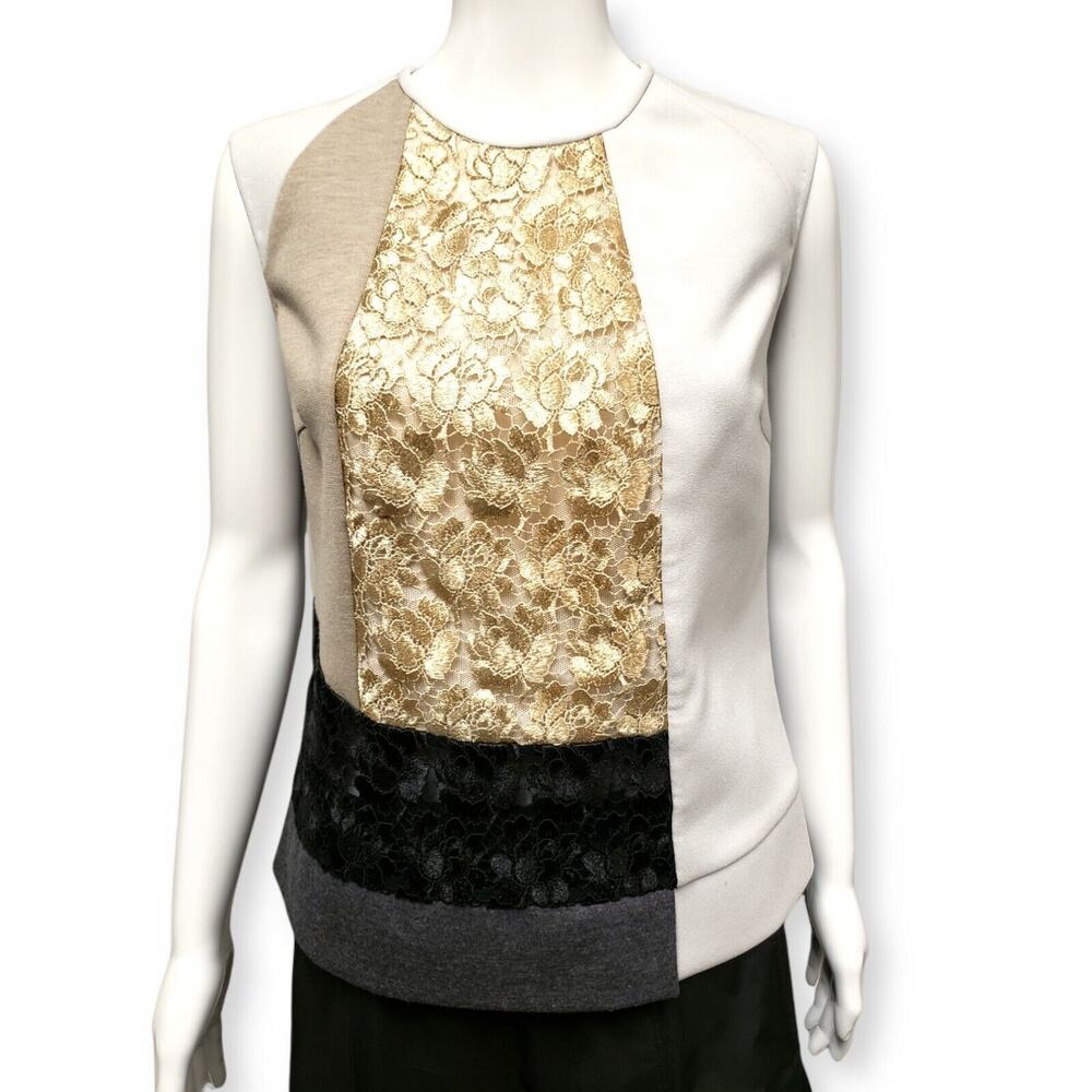 DEREK LAM Gold White Colorblock Gray Wool Blend Lace Vest Sweater Size 6 IT 42